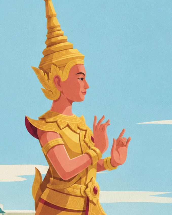 The dancer in profile, with a pointed golden headdress and raised hands with slender fingers