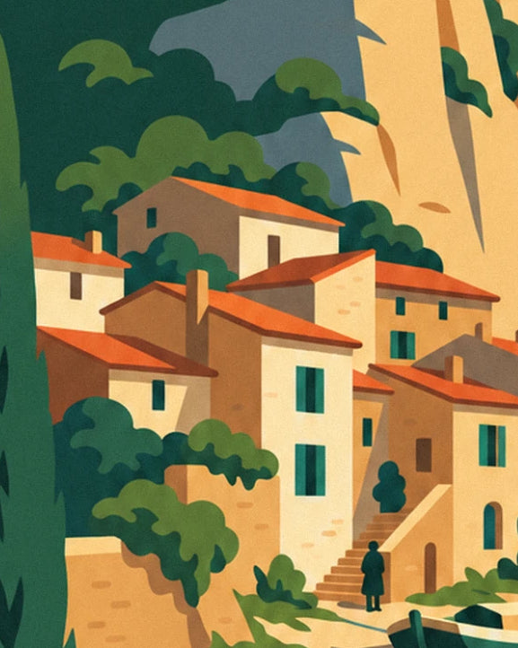 Maisons en pierre dorée aux toits orange et volets verts, sous la falaise