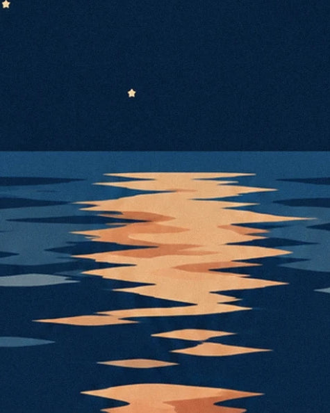 An orange reflection in long ripples on the blue water, beneath a star