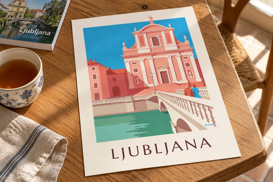 Plakat różowy kościół franciszkanów w Lublanie: na stole