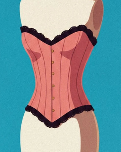 The pink corset with gold buttons and black trim on the cream dressmaker’s dummy