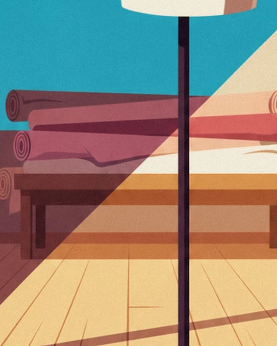 Rolls of pink fabric on the table behind the dark stand of the dressmaker’s dummy