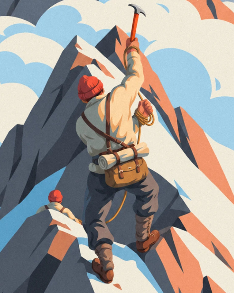 L’alpiniste au bonnet rouge, piolet levé et corde à la ceinture sur l’arête rocheuse