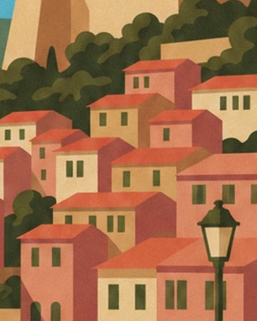 Les façades ocre et roses aux volets verts, les toits rouges et le réverbère de Villefranche-sur-Mer