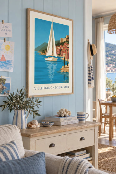 Plakat żaglówka w zatoce Villefranche-sur-Mer: w ramie na ścianie