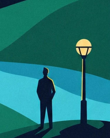 Une silhouette près d’un lampadaire jaune, devant des collines vertes et turquoise