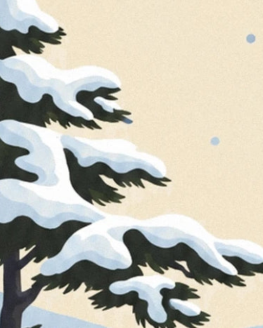 The dark green branches of a pine laden with white snow and blue-toned shadows