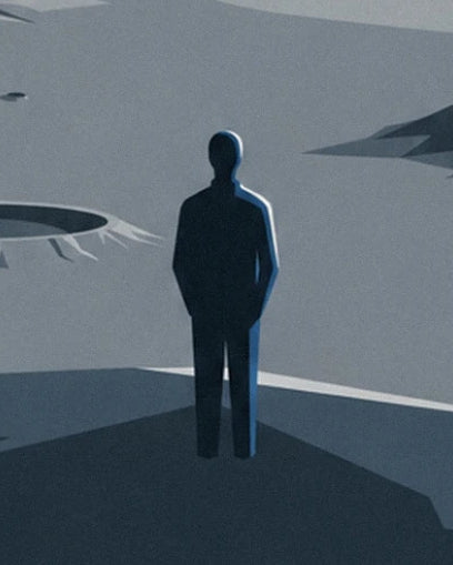 A dark figure standing on the Moon among craters and shadows
