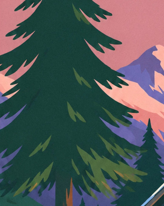 A tall dark green fir in front of the purple and pink peaks at dusk