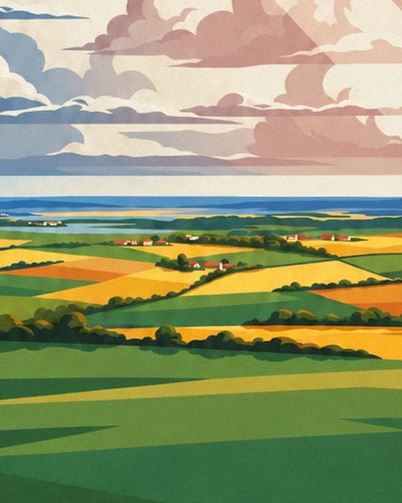 The patchwork of green and yellow fields with their farms, beneath pink clouds