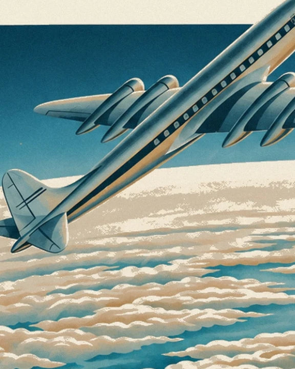 The silver aeroplane with engines along its wings, above the cream clouds