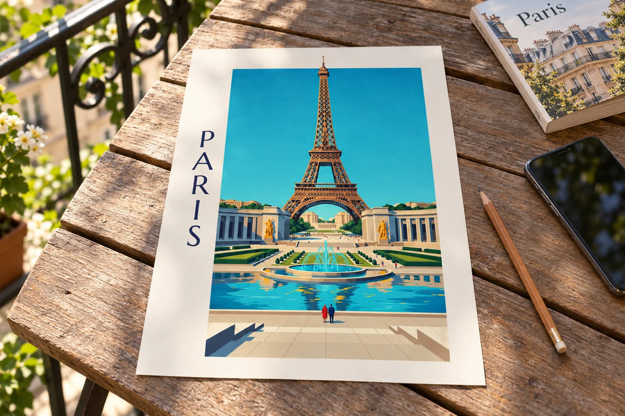 Plakat Pałac Chaillot i fontanny na Trocadéro w Paryżu: plakat na stole
