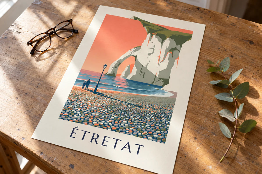 Plakat białe klify w Étretat o zachodzie słońca: na stole