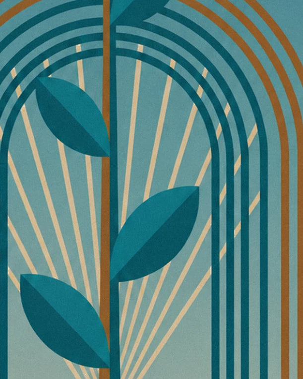 The stem and its 3 teal leaves, in front of the arches and cream rays