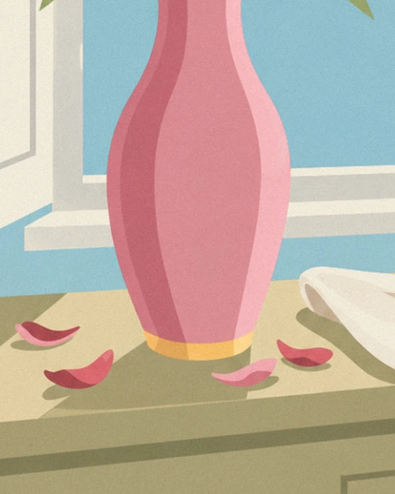 The pink vase with a golden neck and fallen tulip petals on the chest of drawers