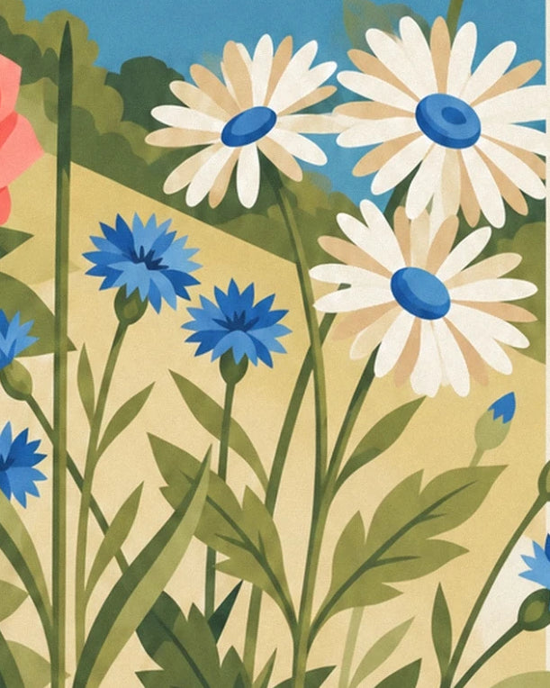 The 3 white daisies with blue centres and cornflowers, against a golden hillside