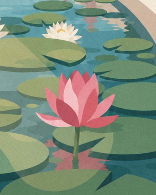 Un lotus rose en bouton ouvert et un nénuphar blanc parmi les larges feuilles vertes du bassin