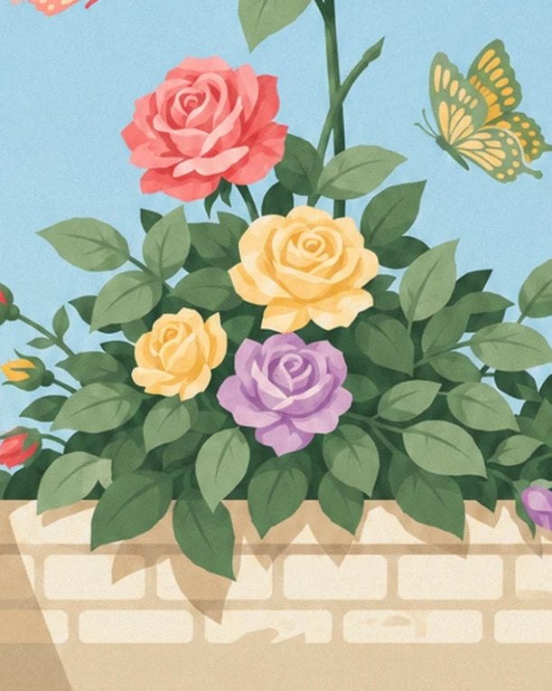 Pink, yellow and mauve roses beside a butterfly with yellow and green wings