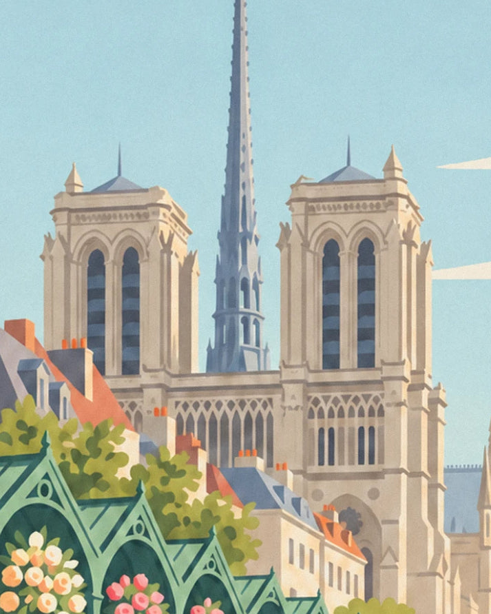 Les 2 tours de Notre-Dame et sa flèche au-dessus des toits et des étals
