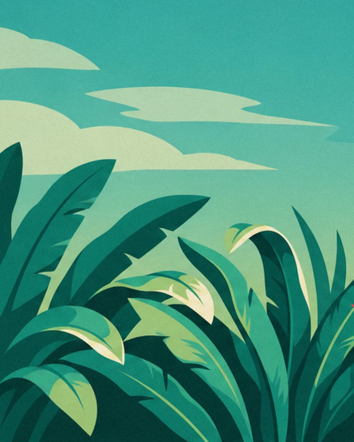 Les grandes feuilles vert émeraude sous un ciel turquoise et ses nuages crème