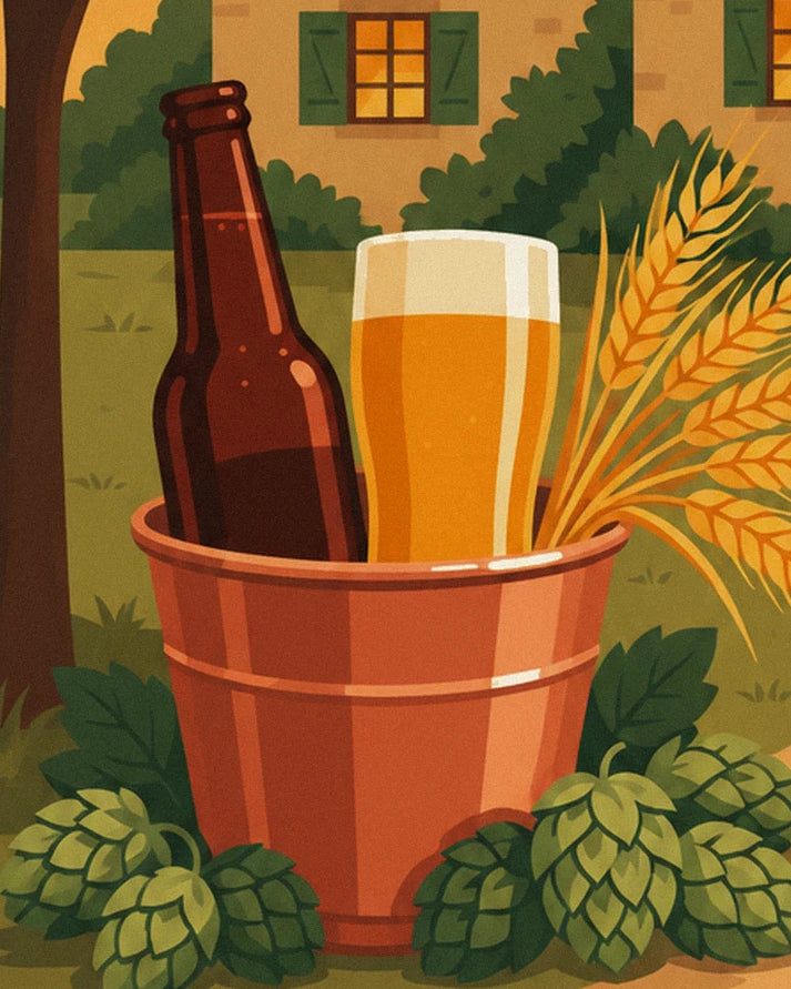 Bouteille brune et verre de bière dorée dans un seau en cuivre, entre épis de blé et cônes de houblon