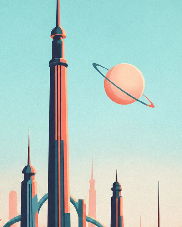 The tall red and midnight blue tower facing the ringed planet, in a turquoise sky