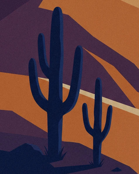 The 2 midnight-blue cacti on the ochre and purple desert slopes