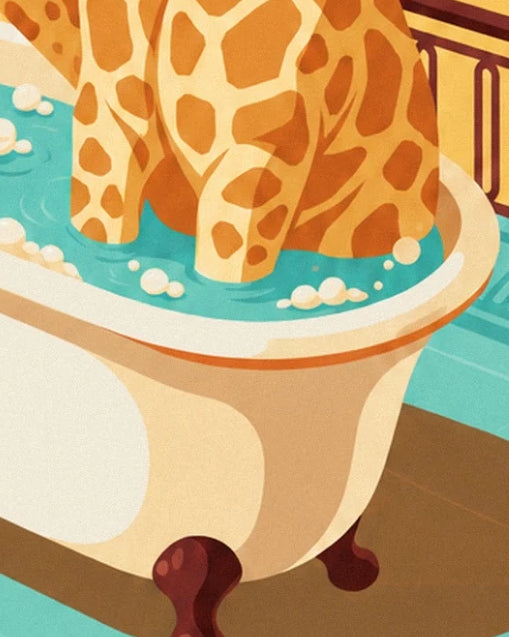 The giraffe’s spotted legs in a cream bath, amid turquoise water and bubbles
