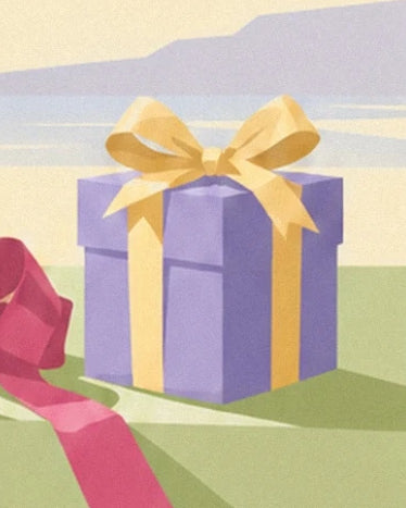 The mauve gift box wrapped in a yellow ribbon and topped with a large bow