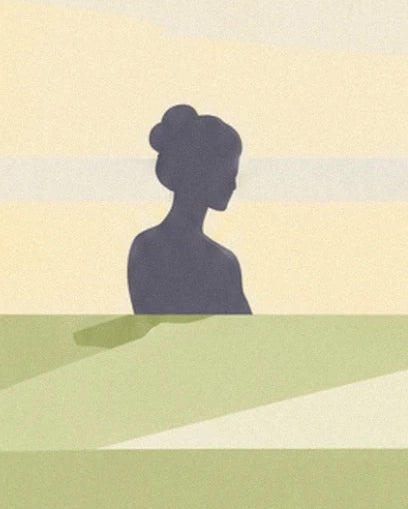 The dark figure in profile, hair in a bun, behind the green counter