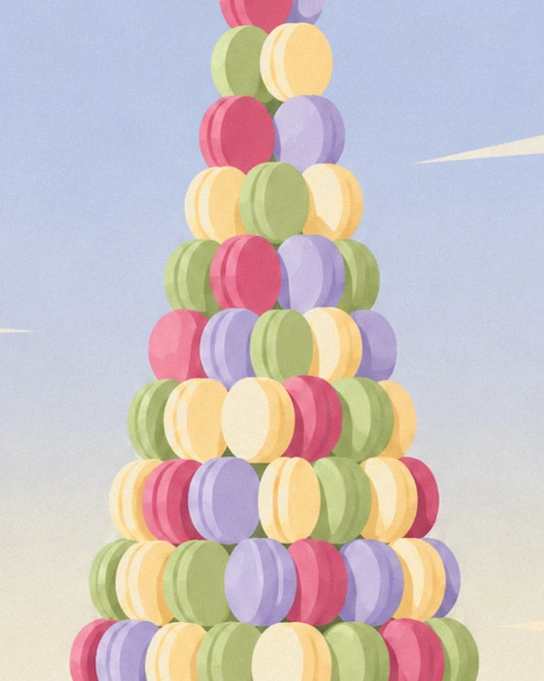 The pyramid of pink, yellow, green and mauve macarons against a pale blue background