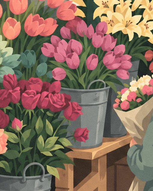 Pink tulips, yellow lilies and red roses on the wooden stall