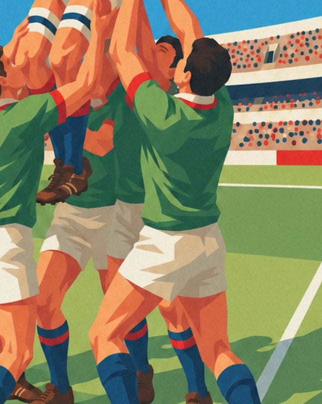 Les coéquipiers en maillot vert qui soulèvent leur sauteur, avec les tribunes en arrière-plan