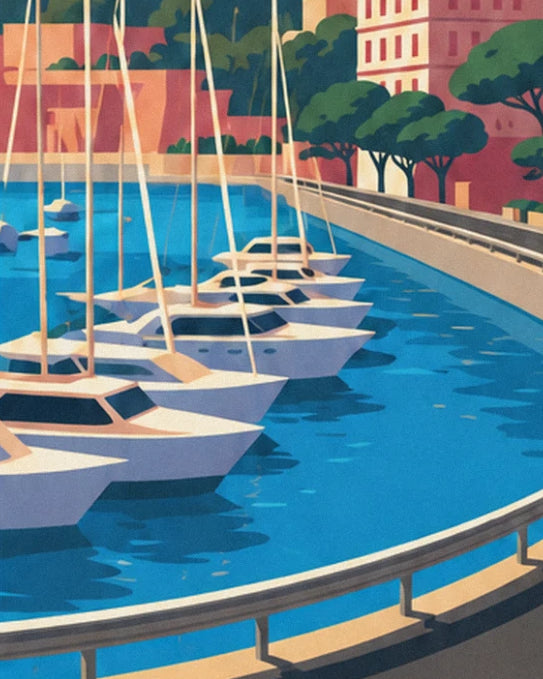White yachts moored in the blue harbour water, below the pines and pink façades
