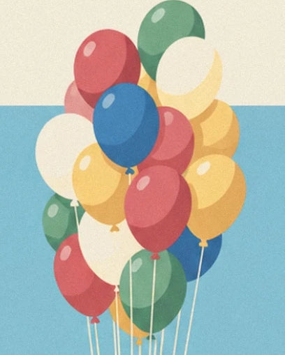 A bunch of red, blue, yellow, green and white balloons against a blue background