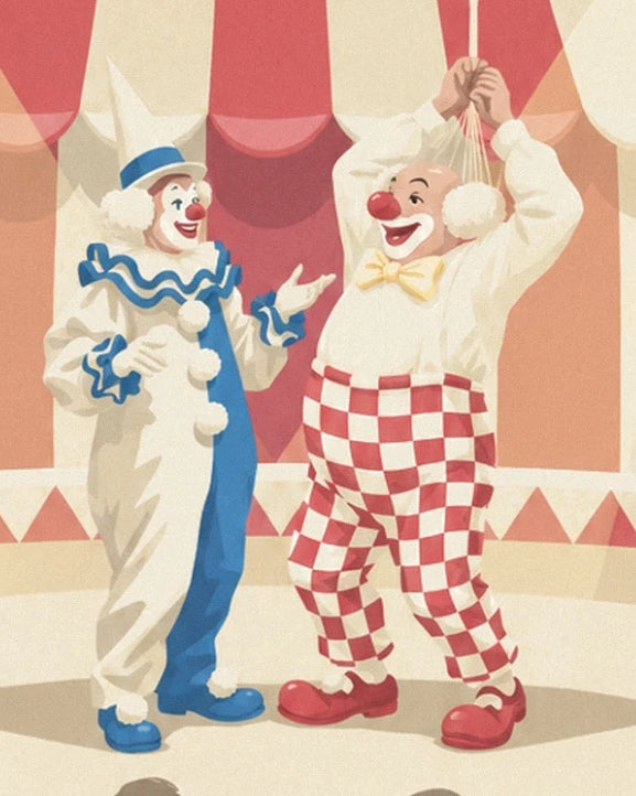 The whiteface clown dressed in blue and the auguste clown in red checked trousers under the big top
