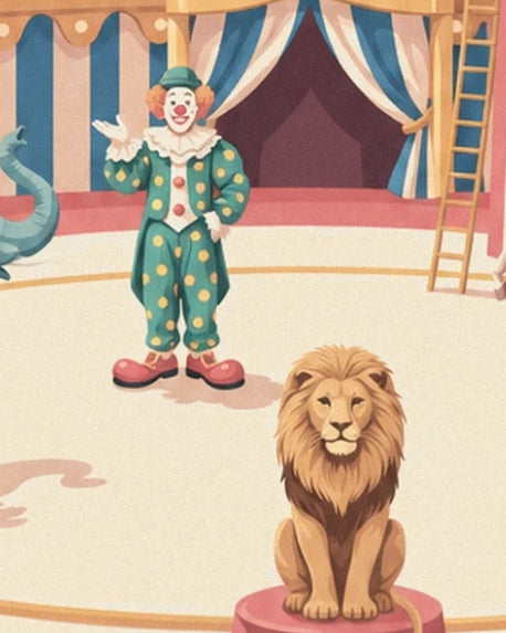 Le clown en costume vert à pois jaunes et le lion assis sur son tabouret rouge