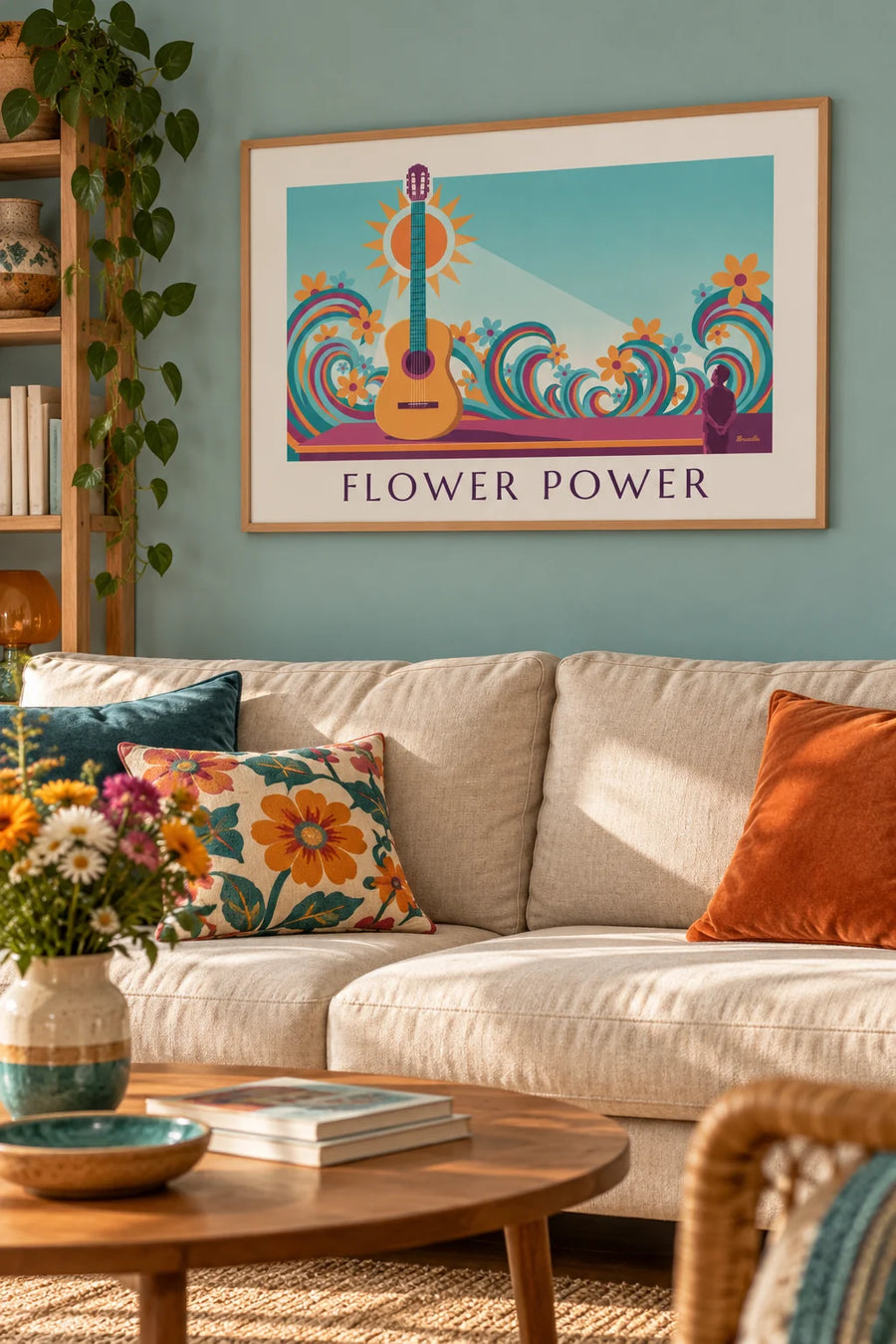 Plakat z gitarą akustyczną i psychodelicznymi falami w stylu Flower Power: w ramie na ścianie