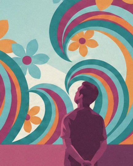 A man seen from behind, hands clasped, facing the large turquoise, orange and plum waves
