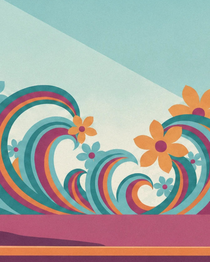 Psychedelic turquoise, pink and orange waves with flowers, on a plum-coloured base
