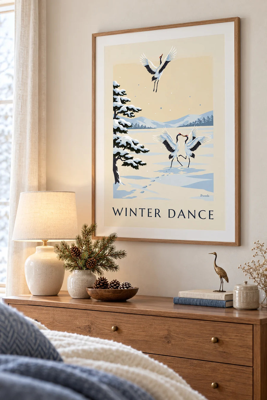 Affiche grues du Japon dansant dans la neige : encadrée au mur