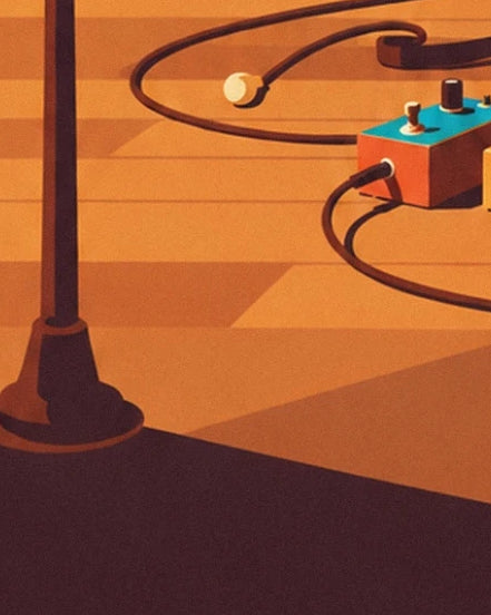 La pédale d’effet orange et turquoise, ses câbles noirs et le pied de micro au sol