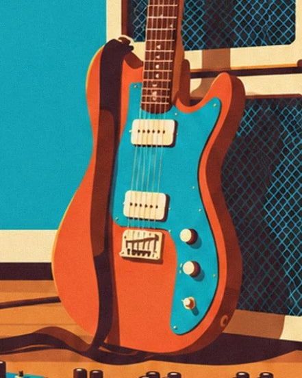 La guitare orange au pickguard turquoise, ses 2 micros crème et sa sangle sombre