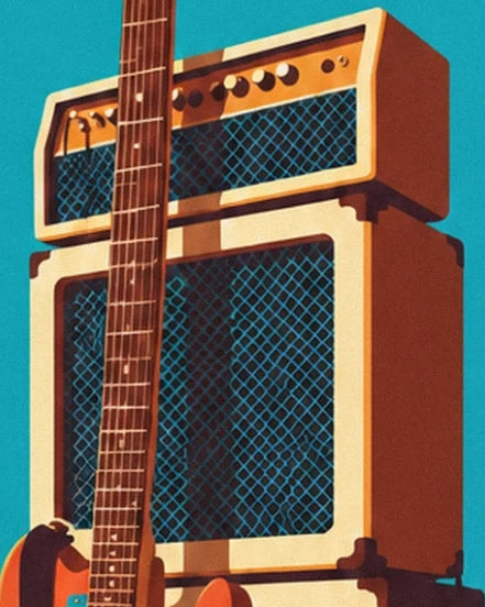 L’amplificateur crème et brun à grille bleue derrière le manche de la guitare