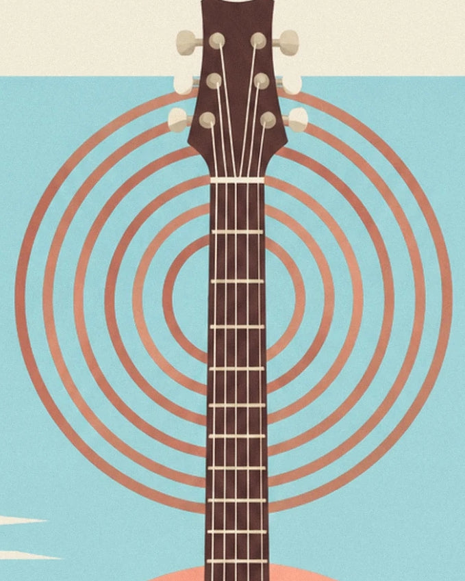 Le manche brun de la guitare et ses 6 mécaniques devant des cercles concentriques corail