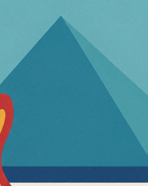 Un grand triangle bleu aux 2 faces contrastées sur un fond turquoise