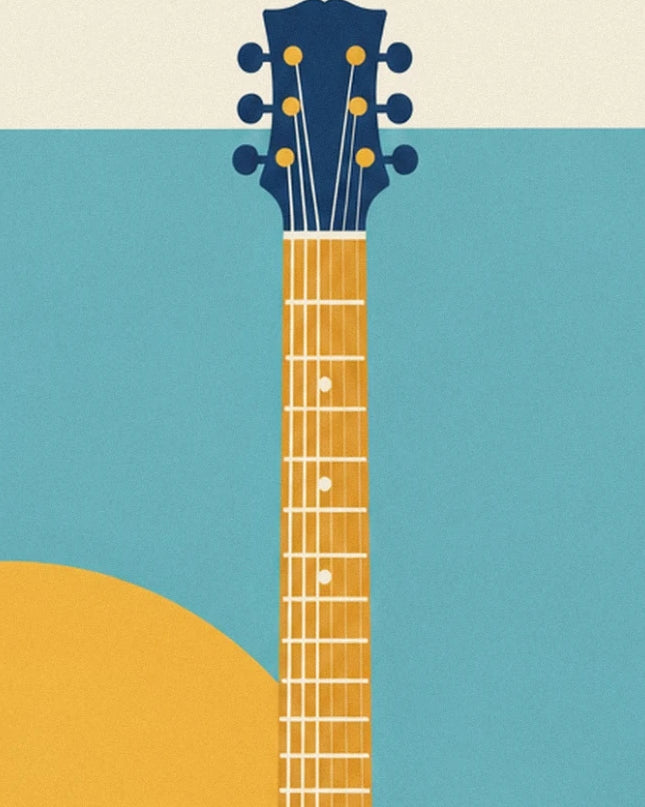 Le manche doré de la guitare et sa tête bleu foncé aux 6 mécaniques