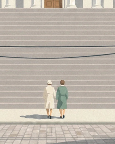 The 2 women in white and green coats at the foot of the cathedral's grand staircase
