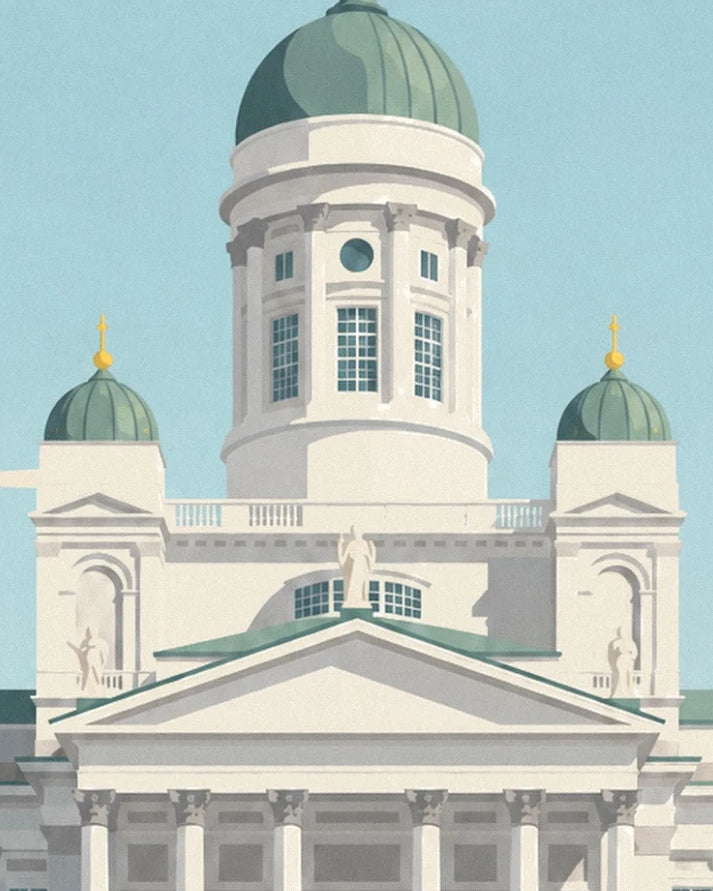 The green dome of Helsinki cathedral and its 2 small domes with golden spires