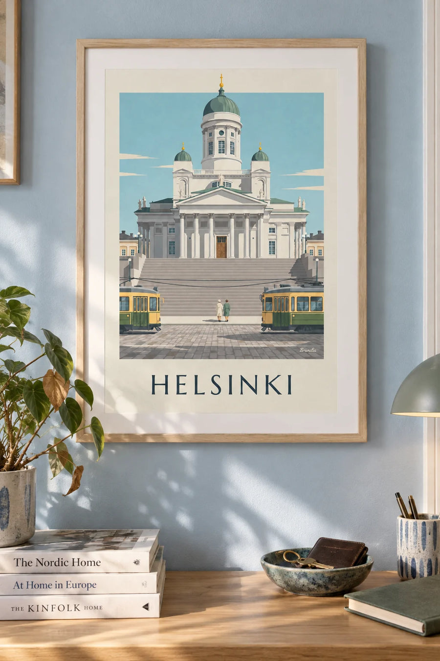 Poster of a tram and Helsinki’s Lutheran Cathedral: framed on the wall